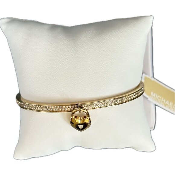 Michael Kors Logo Crystal Pave Heart Charm Gold Stainless Steel Hinge Bracelet - Picture 3 of 8